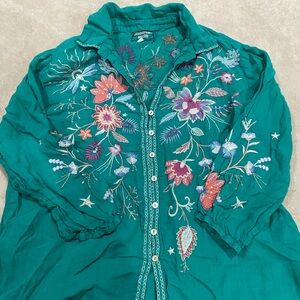 Johnny Was Teal Embroidered Button-Up Top